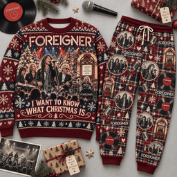Foreigner I Want To Know What Christmas Is Red Black Sweater and Jogger Pants Set NDN Flat Set Mockup