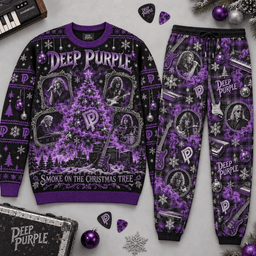 AC/DC Christmas Rocks Red Holiday Collage Sweater and Jogger Pants Set Style NDN Flat Set Mockup