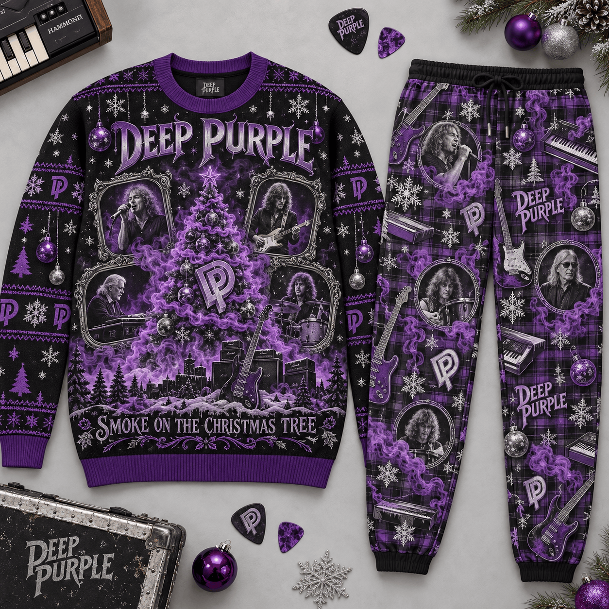 AC/DC Christmas Rocks Red Holiday Collage Sweater and Jogger Pants Set Style NDN Flat Set Mockup