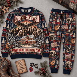 AC/DC Dirty Deeds Done Dirt Cheap Red Black Holiday Sweater and Jogger Pants Set NDN Flat Set Mockup