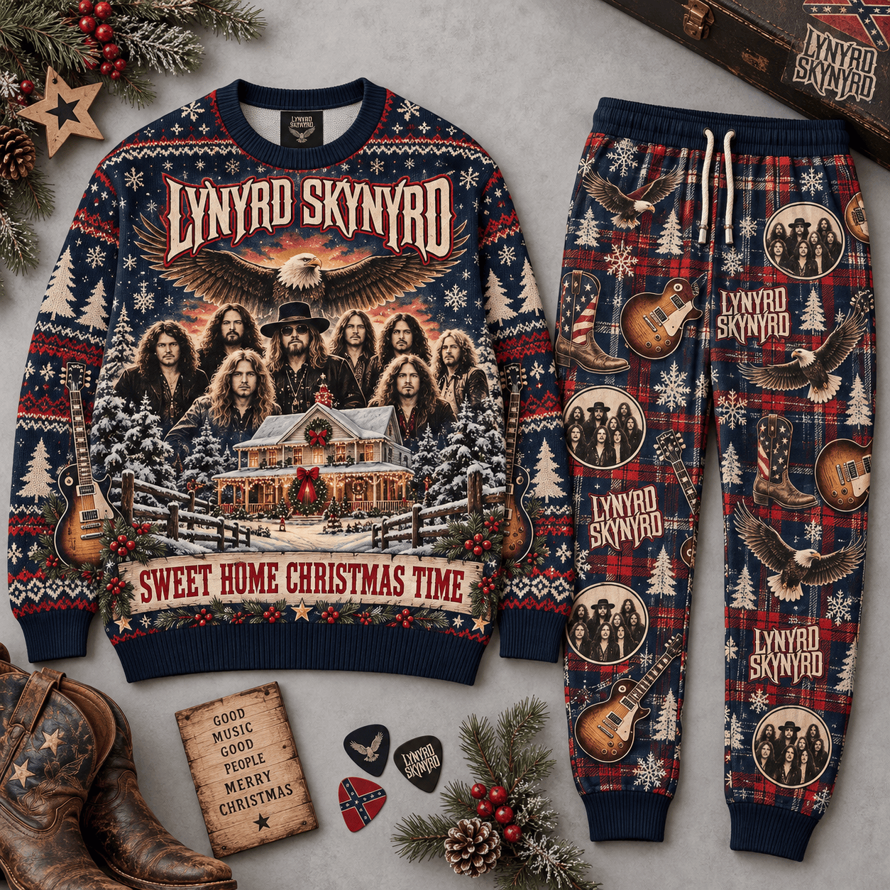 AC/DC Dirty Deeds Done Dirt Cheap Red Black Holiday Sweater and Jogger Pants Set NDN Flat Set Mockup