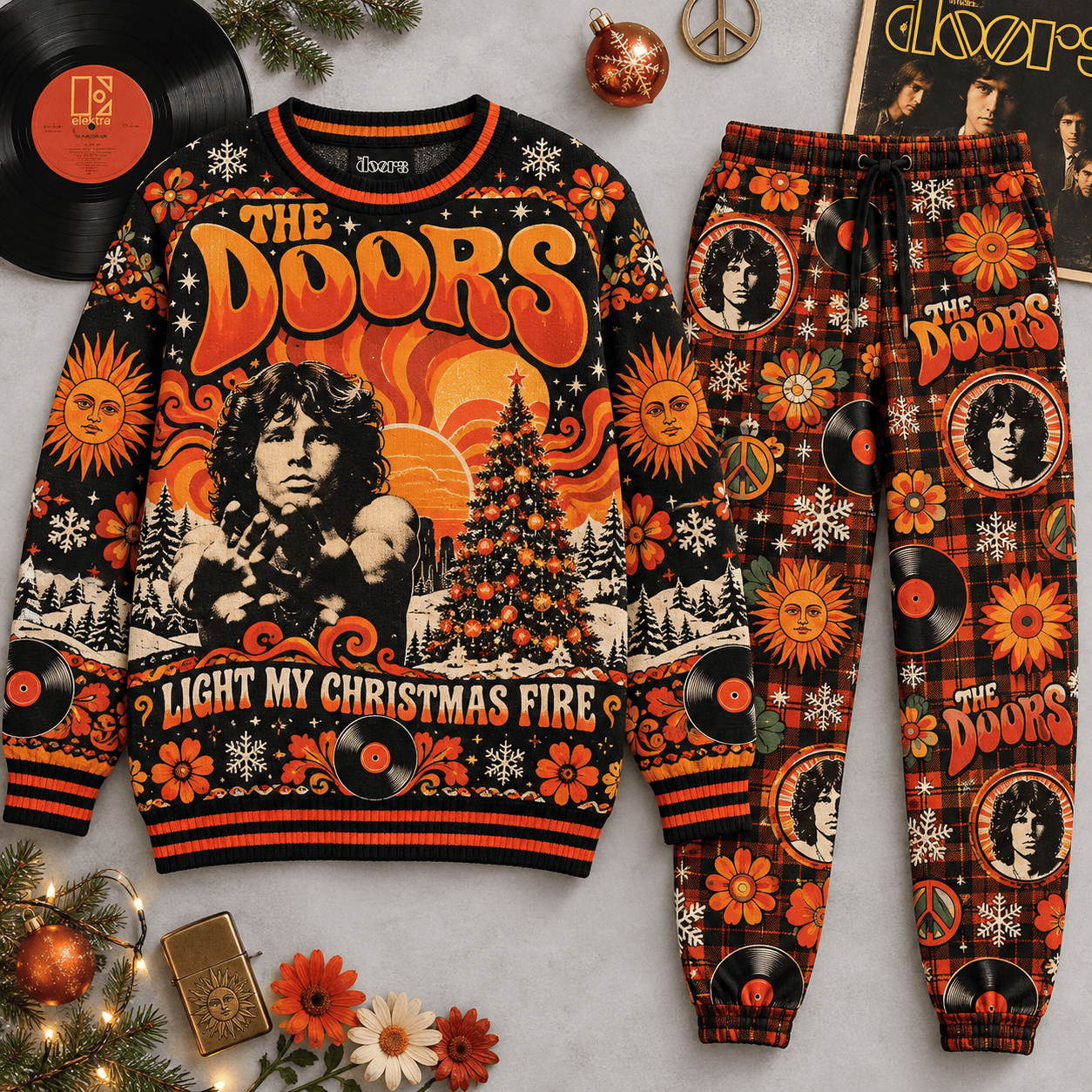 AC/DC Thunderstruck Red Black Lightning Rock Holiday Sweater and Jogger Pants Set NDN Flat Set Mockup