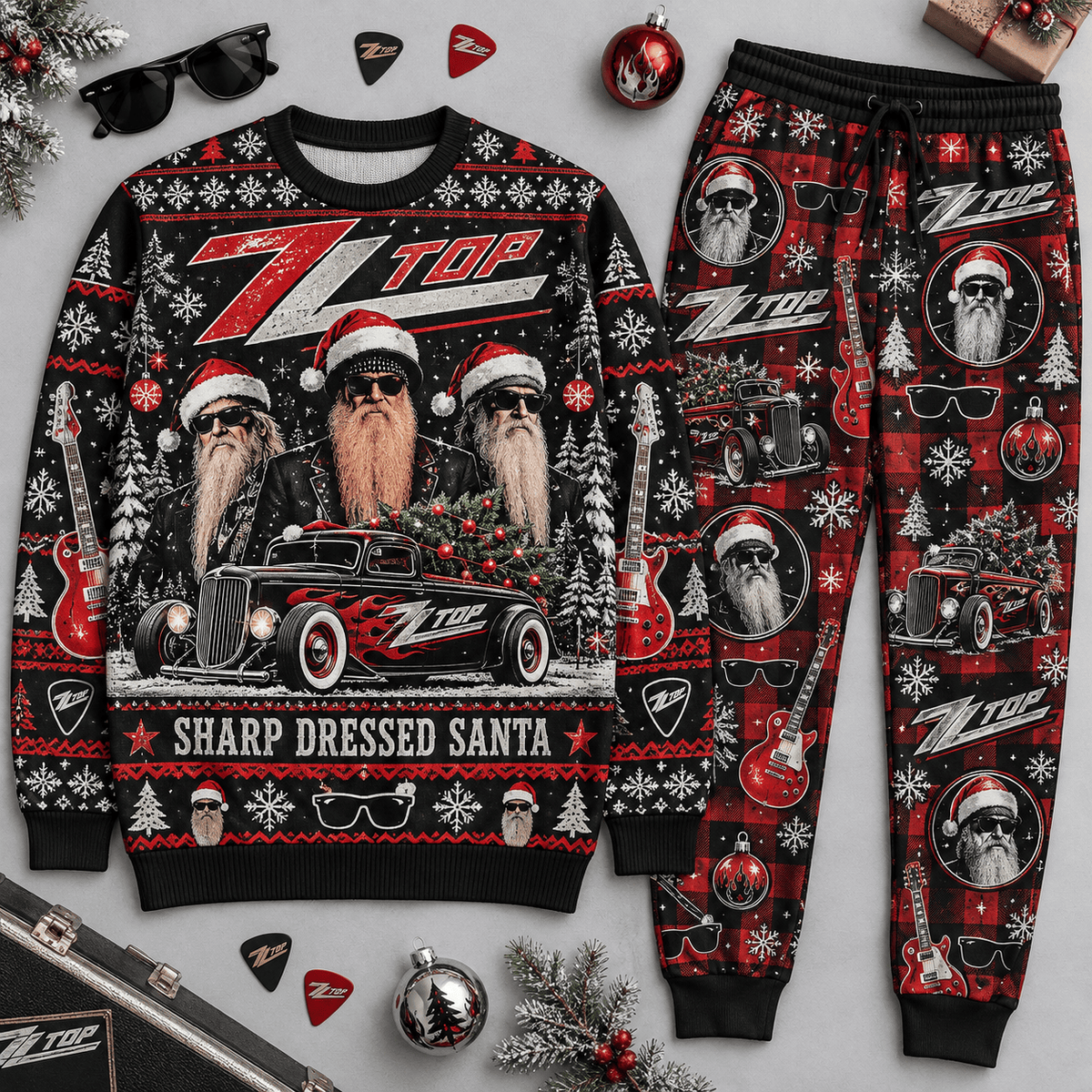 ZZ Top Sharp Dressed Santa Christmas Sweater and Jogger Pants Set Festive Rock NDN Flat Set Mockup