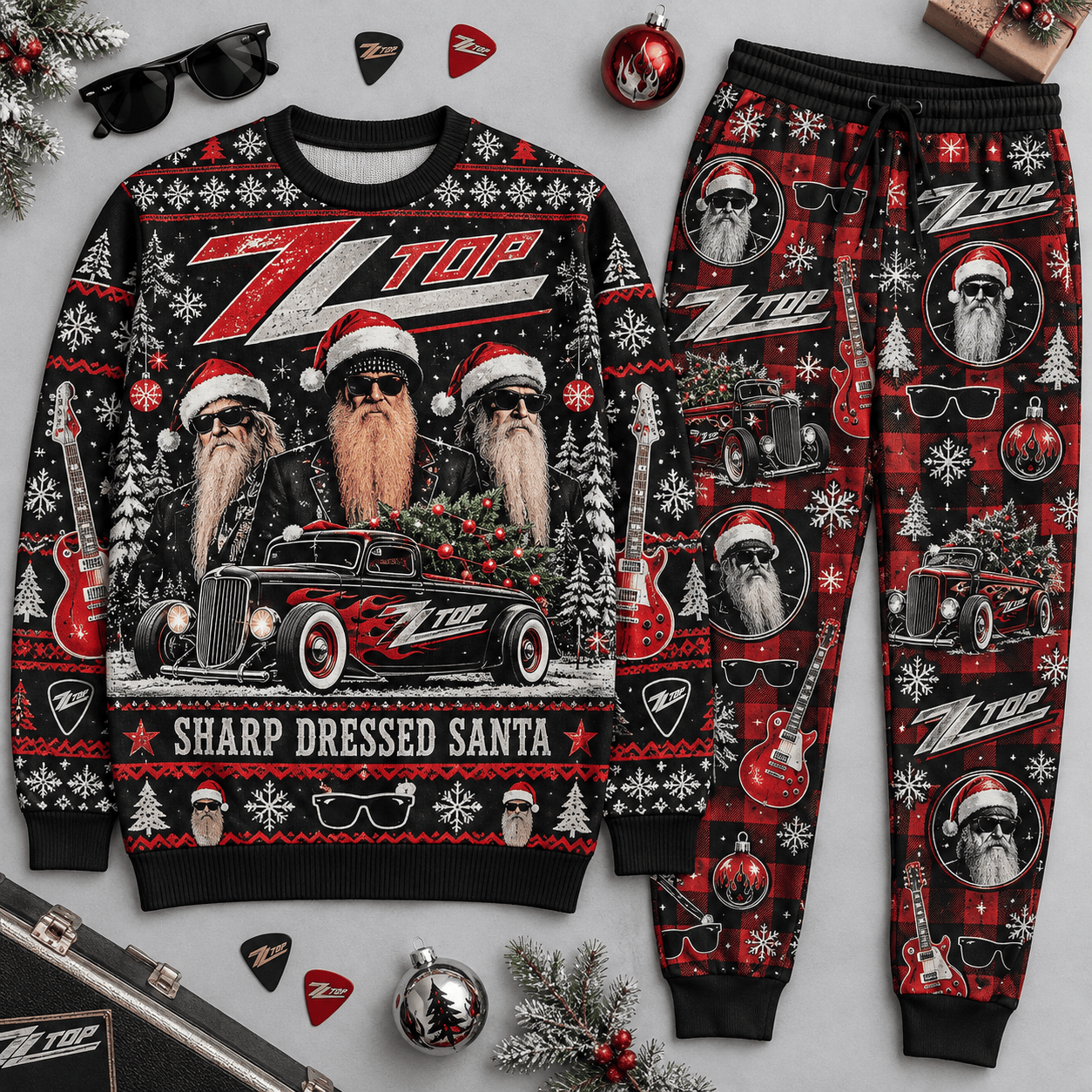 ZZ Top Sharp Dressed Santa Christmas Sweater and Jogger Pants Set Festive Rock NDN Flat Set Mockup