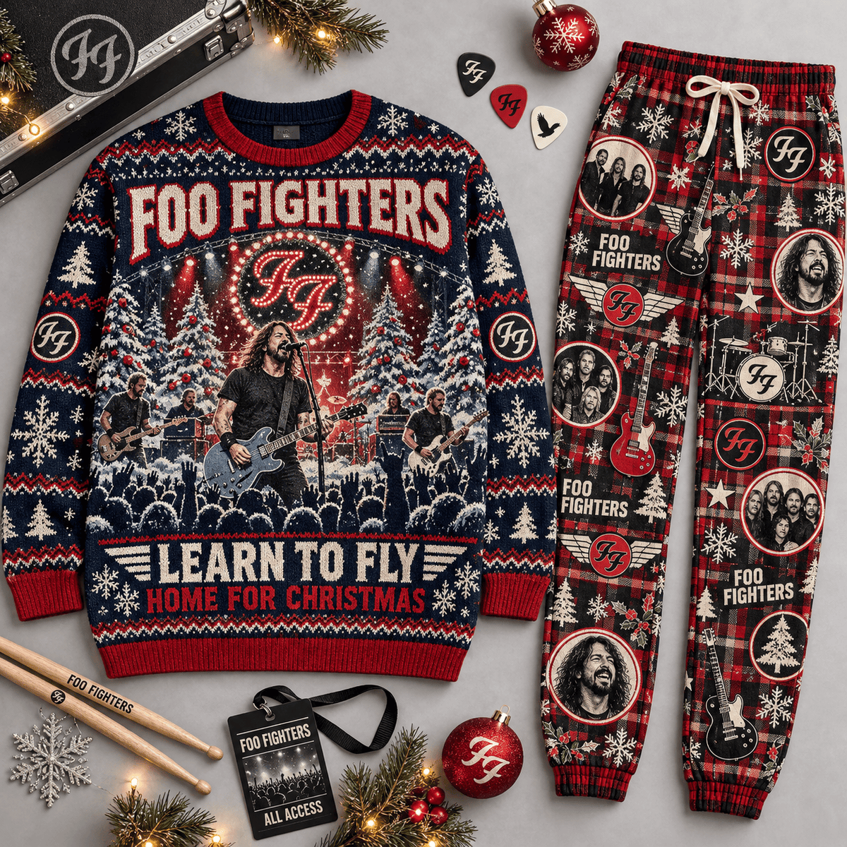 Foo Fighters Learn to Fly Santa Sleigh Sweater and Jogger Pants Set Christmas NDN Flat Set Mockup