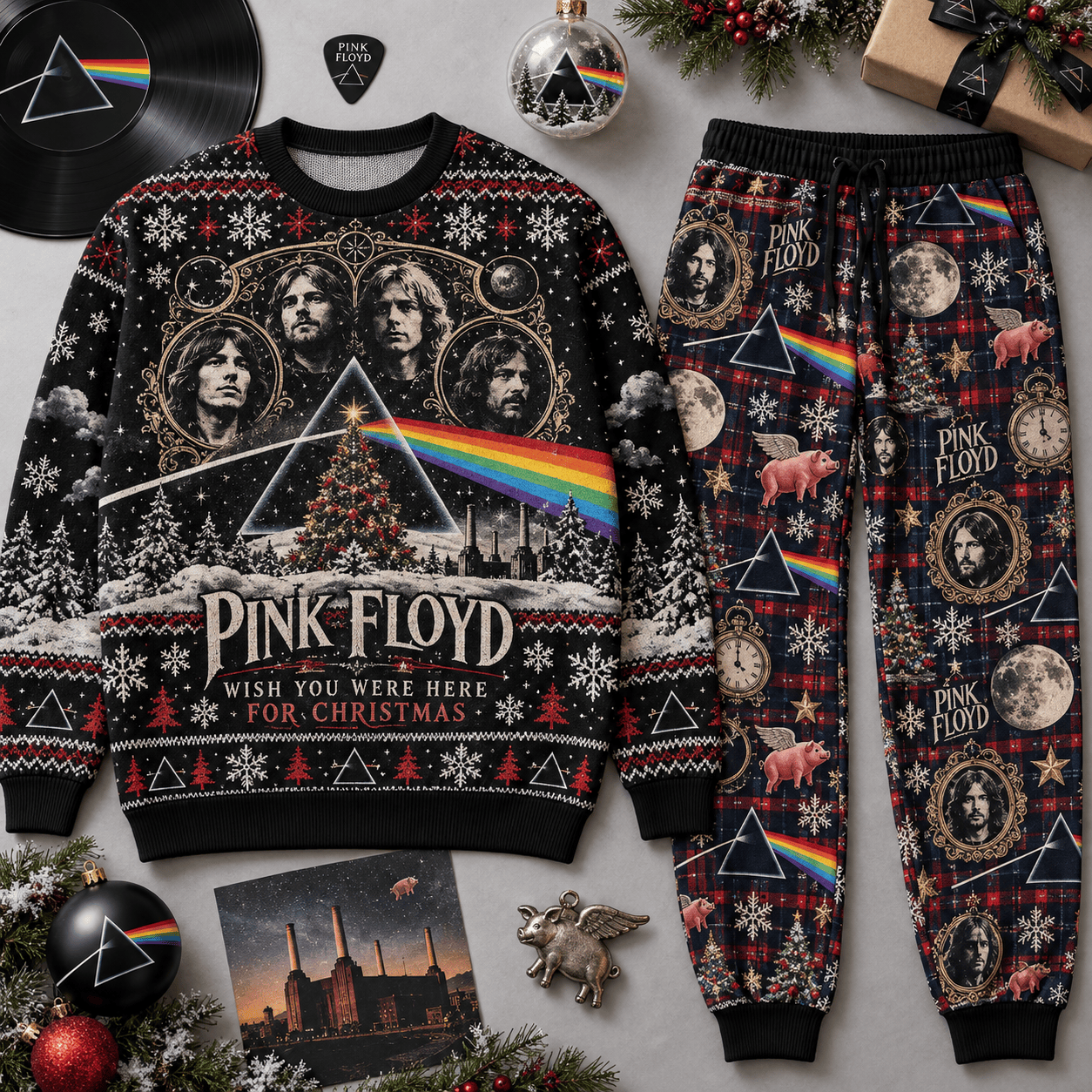 Pink Floyd Prism Holiday Portrait Sweater and Jogger Pants Set Festive Rock Music NDN Flat Set Mockup