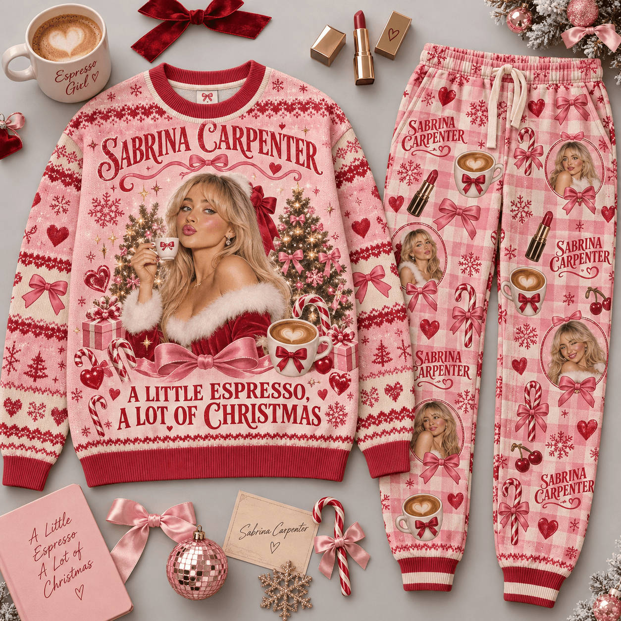 Sabrina Carpenter A Little Espresso A Lot of Christmas Sweater and Jogger Pants Set NDN Flat Set Mockup