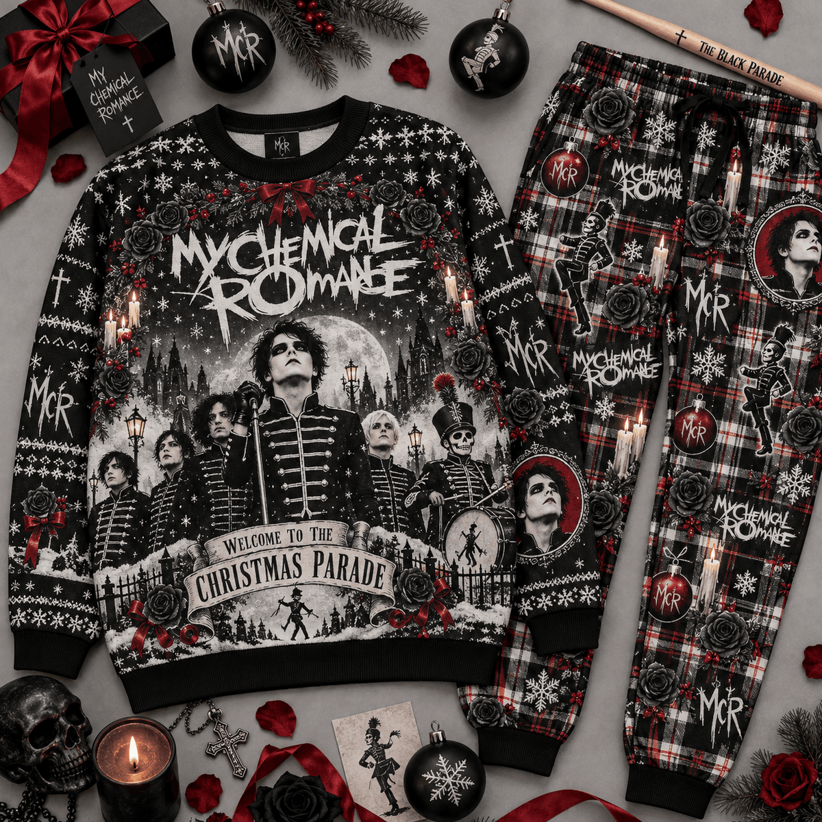 My Chemical Romance Christmas Parade Sweater and Jogger Pants Set Holiday Band Art NDN Flat Set Mockup