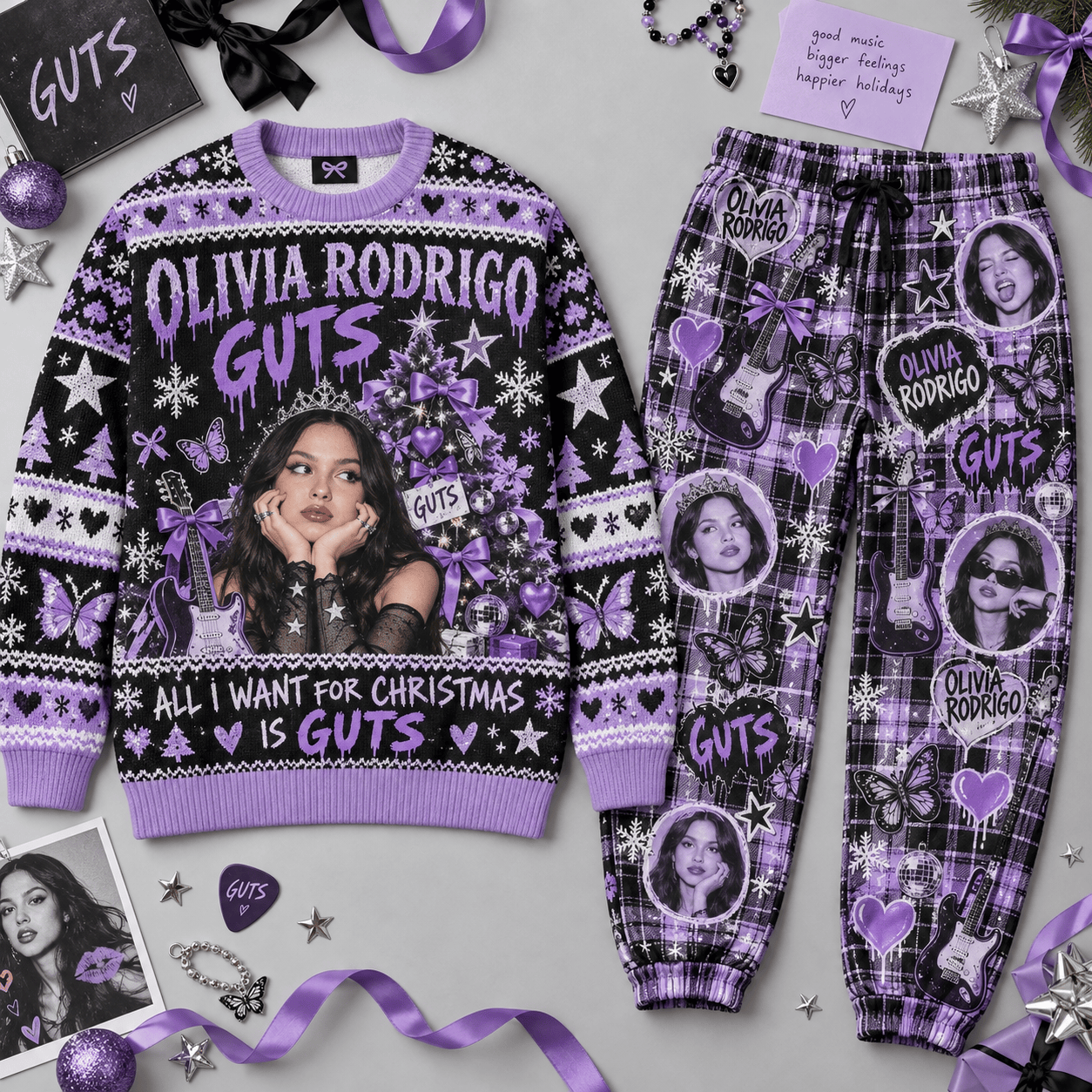 Olivia Rodrigo GUTS All I Want for Christmas Sweater and Jogger Pants Set Holiday Music NDN Flat Set Mockup