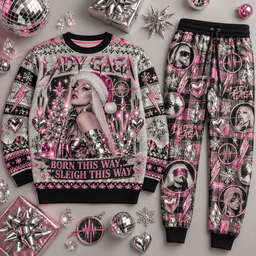 Lady Gaga Born This Way Sleigh This Way Sweater and Jogger Pants Set Holiday Music NDN Flat Set Mockup