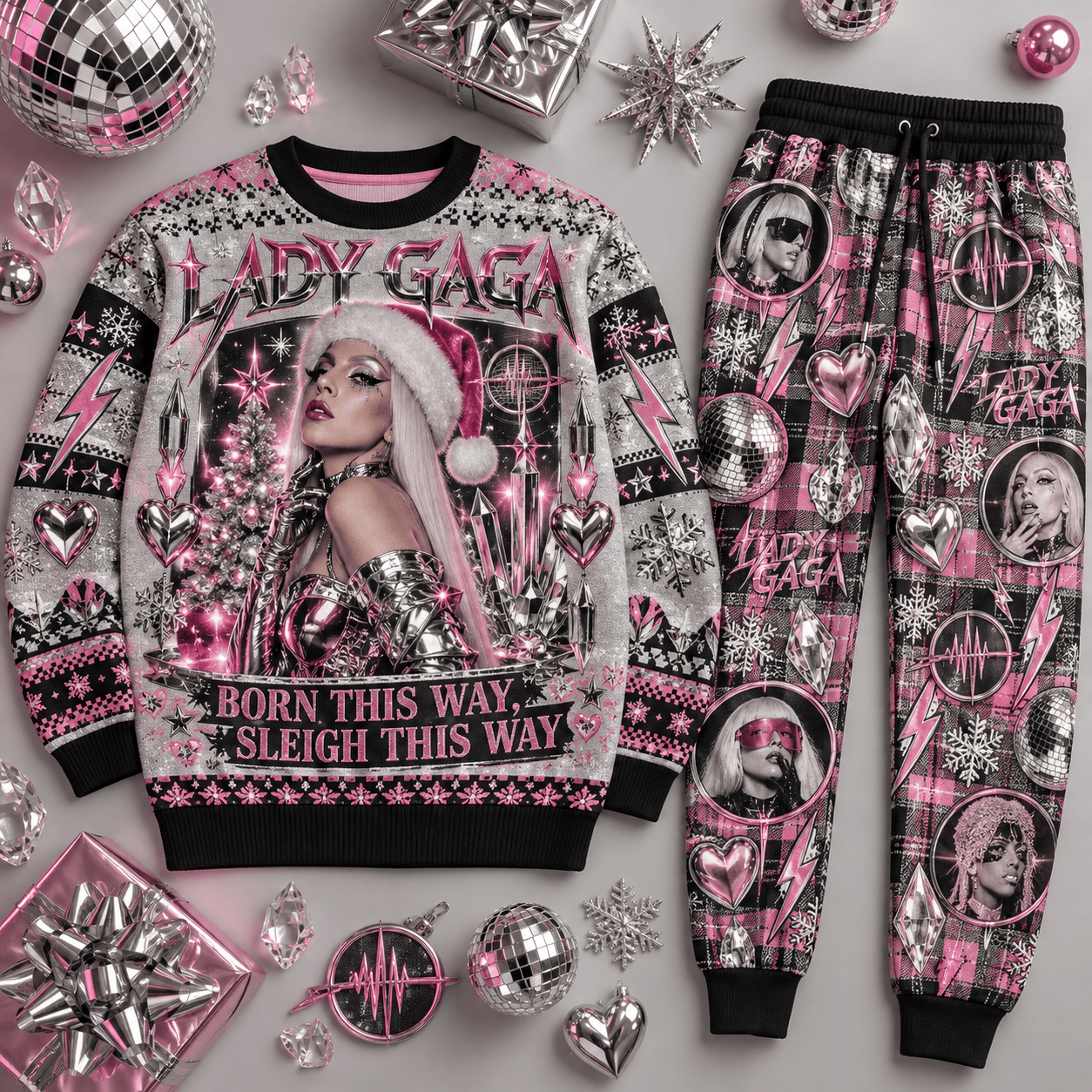 Lady Gaga Born This Way Sleigh This Way Sweater and Jogger Pants Set Holiday Music NDN Flat Set Mockup
