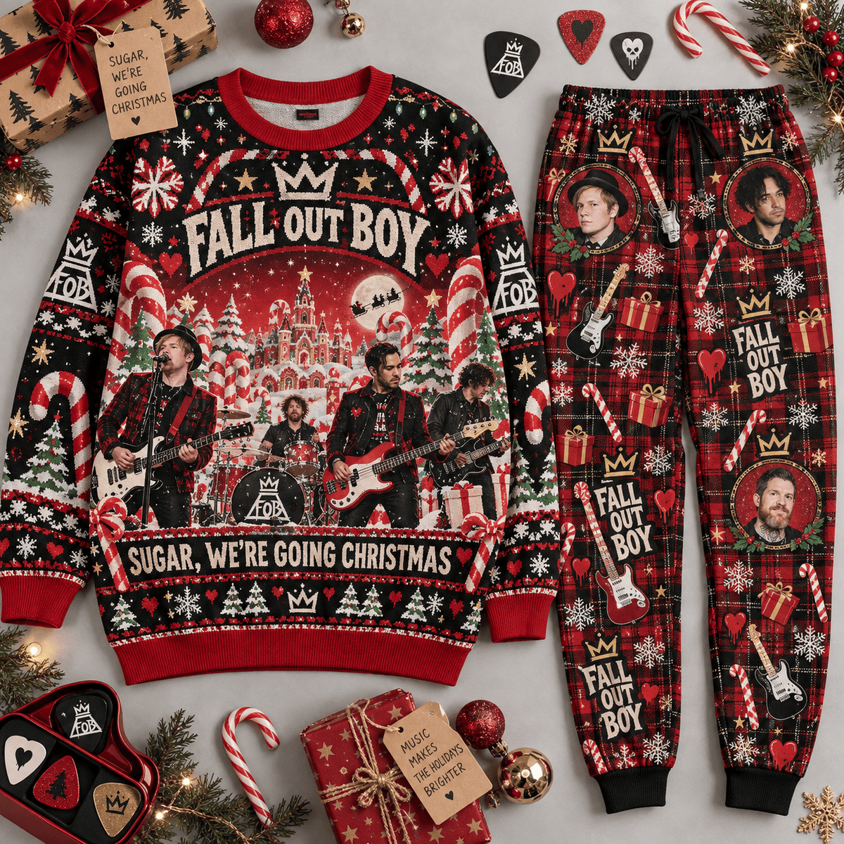 Fall Out Boy Sugar We're Going Christmas Sweater and Jogger Pants Set Holiday Music NDN Flat Set Mockup