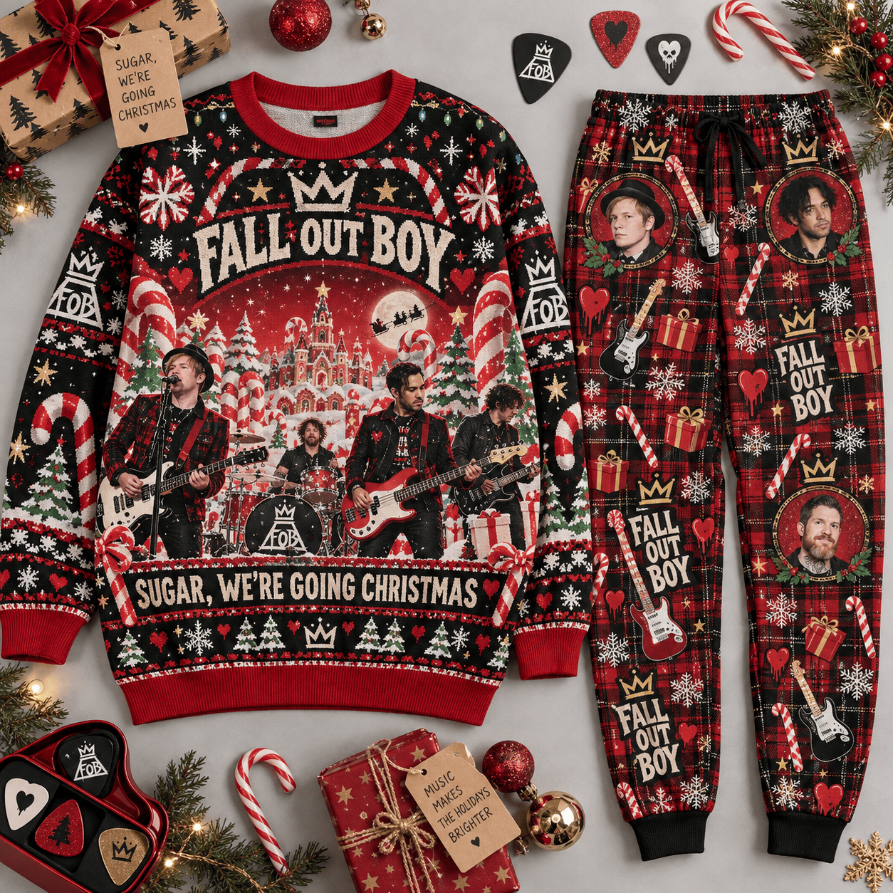 Fall Out Boy Sugar We're Going Christmas Sweater and Jogger Pants Set Holiday Music NDN Flat Set Mockup