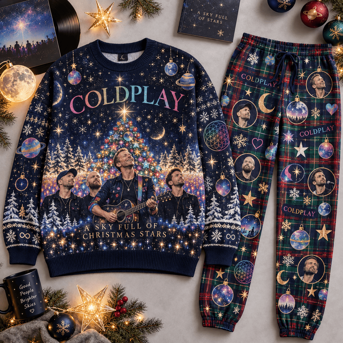 Coldplay Celestial Band Portrait Christmas Sweater and Jogger Pants Set Holiday Music NDN Flat Set Mockup