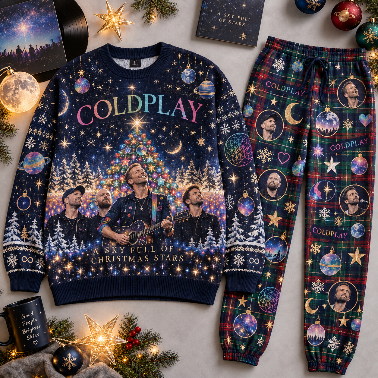 Coldplay Celestial Band Portrait Christmas Sweater and Jogger Pants Set Holiday Music NDN Flat Set Mockup