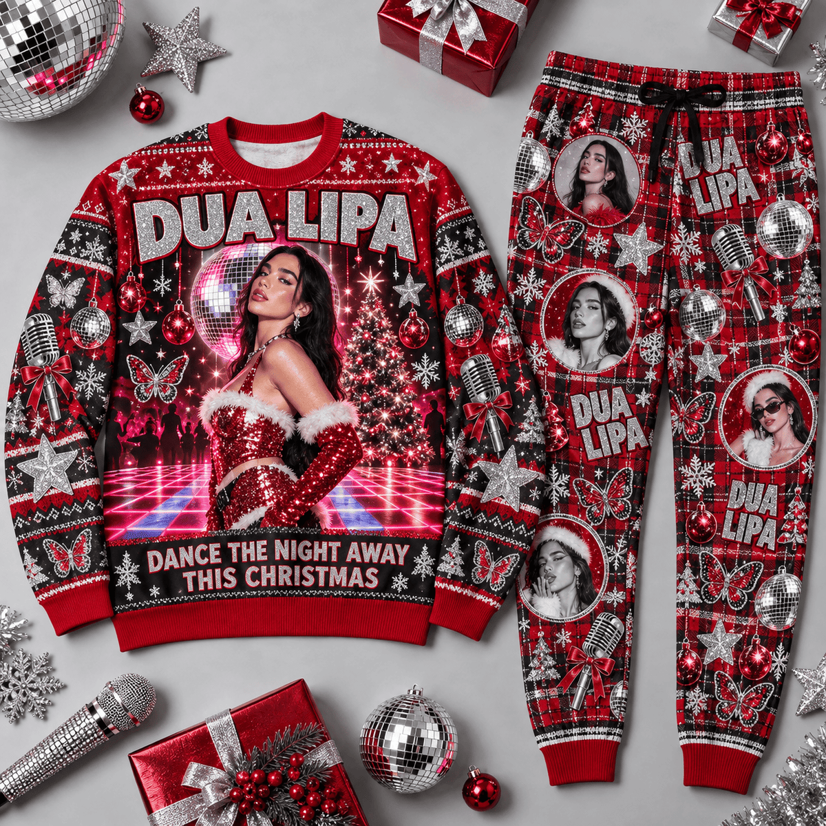 Dua Lipa Dance the Night Away Christmas Sweater and Jogger Pants Set Festive Red NDN Flat Set Mockup