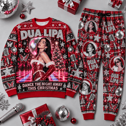 Dua Lipa Dance the Night Away Christmas Sweater and Jogger Pants Set Festive Red NDN Flat Set Mockup