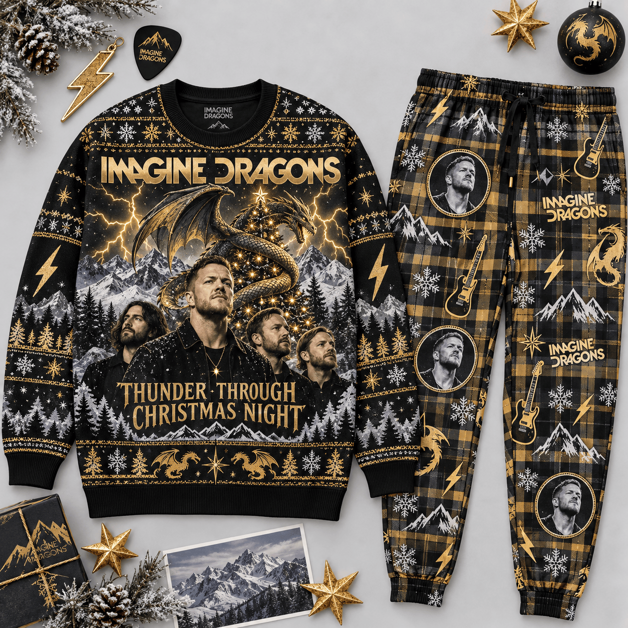 Imagine Dragons Thunder Through Christmas Night Sweater and Jogger Pants Set Black Gold NDN Flat Set Mockup