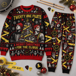 Twenty One Pilots Merry Cliquemas Sweater and Jogger Pants Set Red Black Holiday NDN Flat Set Mockup