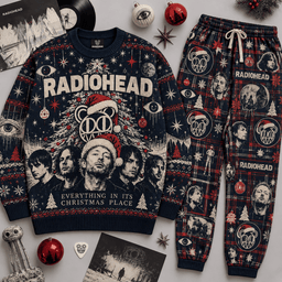Radiohead Everything in Its Right Stocking Sweater and Jogger Pants Set Red Black NDN Flat Set Mockup