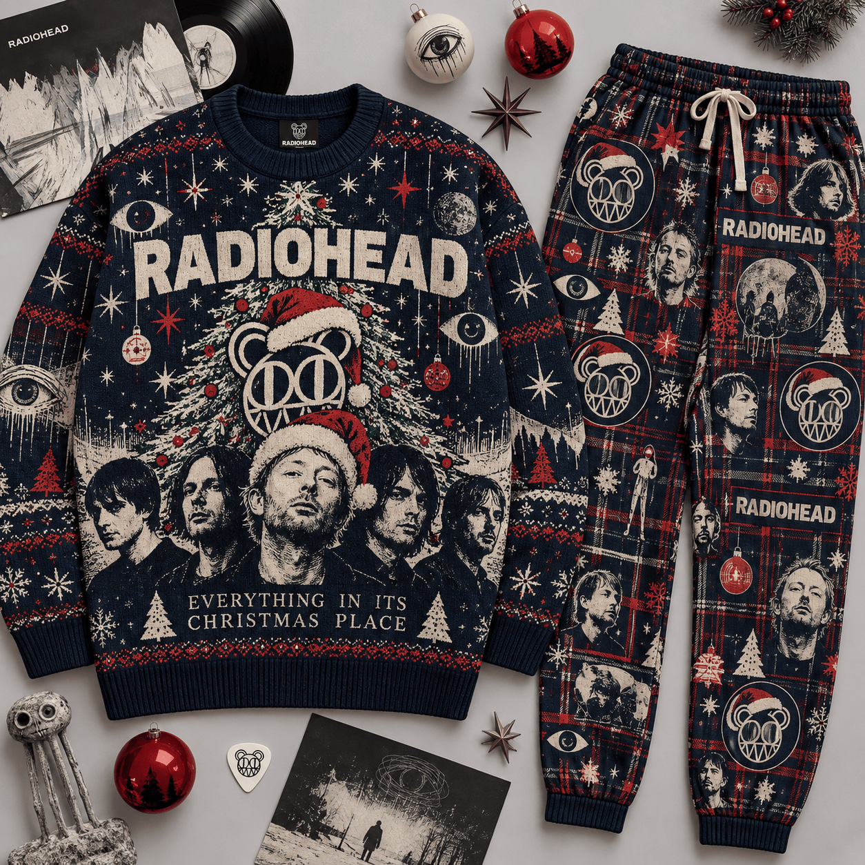 Radiohead Everything in Its Right Stocking Sweater and Jogger Pants Set Red Black NDN Flat Set Mockup