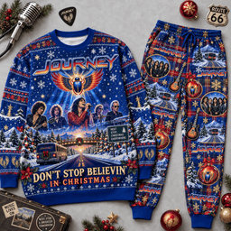 Journey Don't Stop Believin' This Christmas Sweater and Jogger Pants Set Red Black NDN Flat Set Mockup