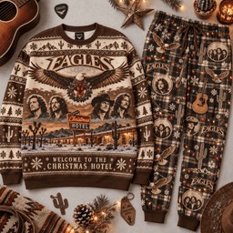 Eagles Christmas at the Hotel California Sweater and Jogger Pants Set Red Green NDN Flat Set Mockup