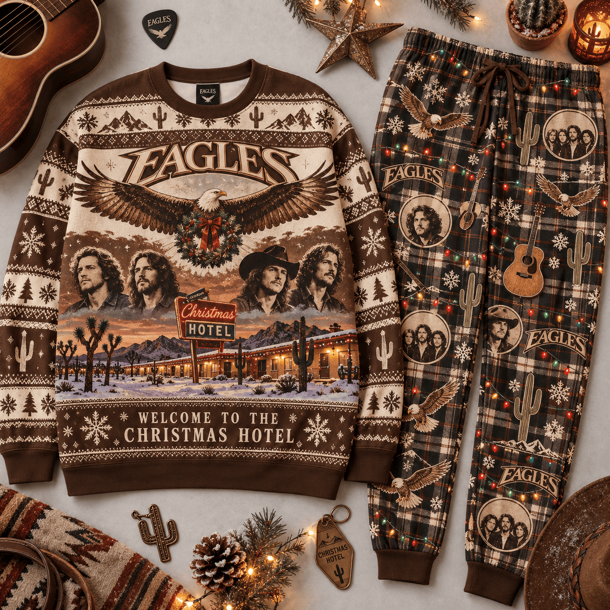 Eagles Christmas at the Hotel California Sweater and Jogger Pants Set Red Green NDN Flat Set Mockup