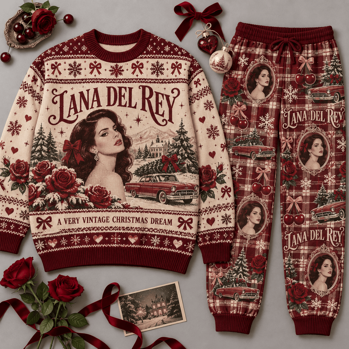 Lana Del Rey Lust for Life Christmas Sweater and Jogger Pants Set Festive Red Cream NDN Flat Set Mockup