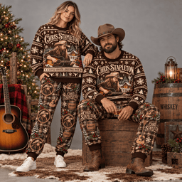 Chris Stapleton Little Country Christmas Sweater and Jogger Pants Set Red Green Plaid NDN Worn Set Mockup