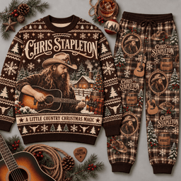 Chris Stapleton Little Country Christmas Sweater and Jogger Pants Set Red Green Plaid NDN Flat Set Mockup