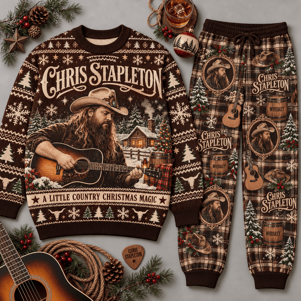 Chris Stapleton Little Country Christmas Sweater and Jogger Pants Set Red Green Plaid NDN Flat Set Mockup