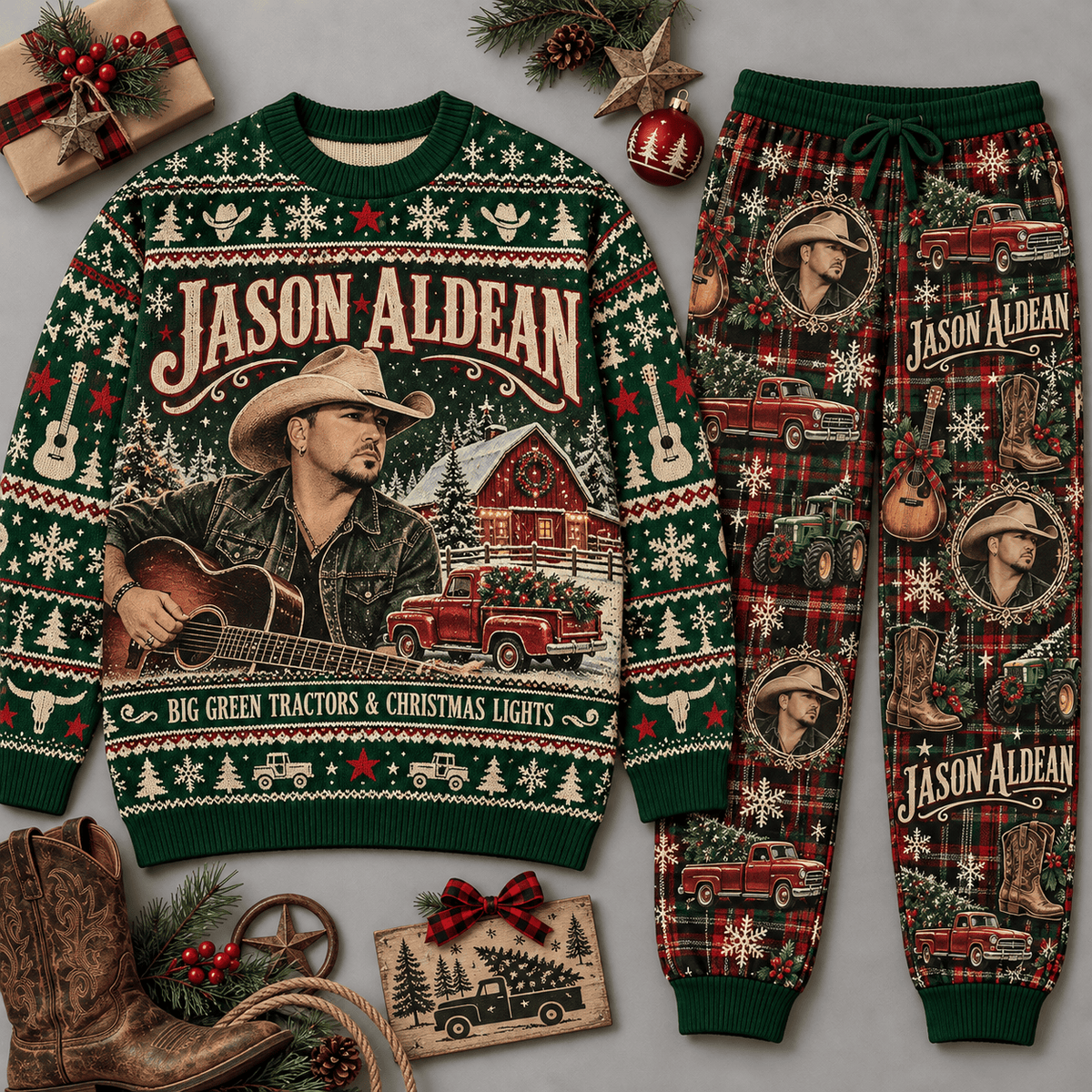 Jason Aldean Keepin' It Country Christmas Sweater and Jogger Pants Set Red Black NDN Flat Set Mockup