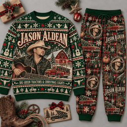 Jason Aldean Keepin' It Country Christmas Sweater and Jogger Pants Set Red Black NDN Flat Set Mockup