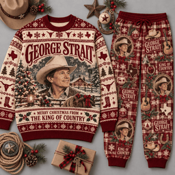George Strait King of Country Christmas Sweater and Jogger Pants Set Red Cream NDN Flat Set Mockup