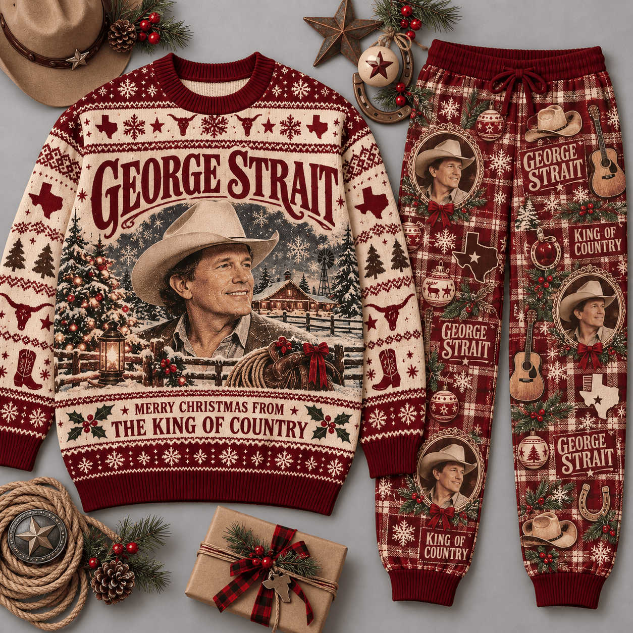 George Strait King of Country Christmas Sweater and Jogger Pants Set Red Cream NDN Flat Set Mockup