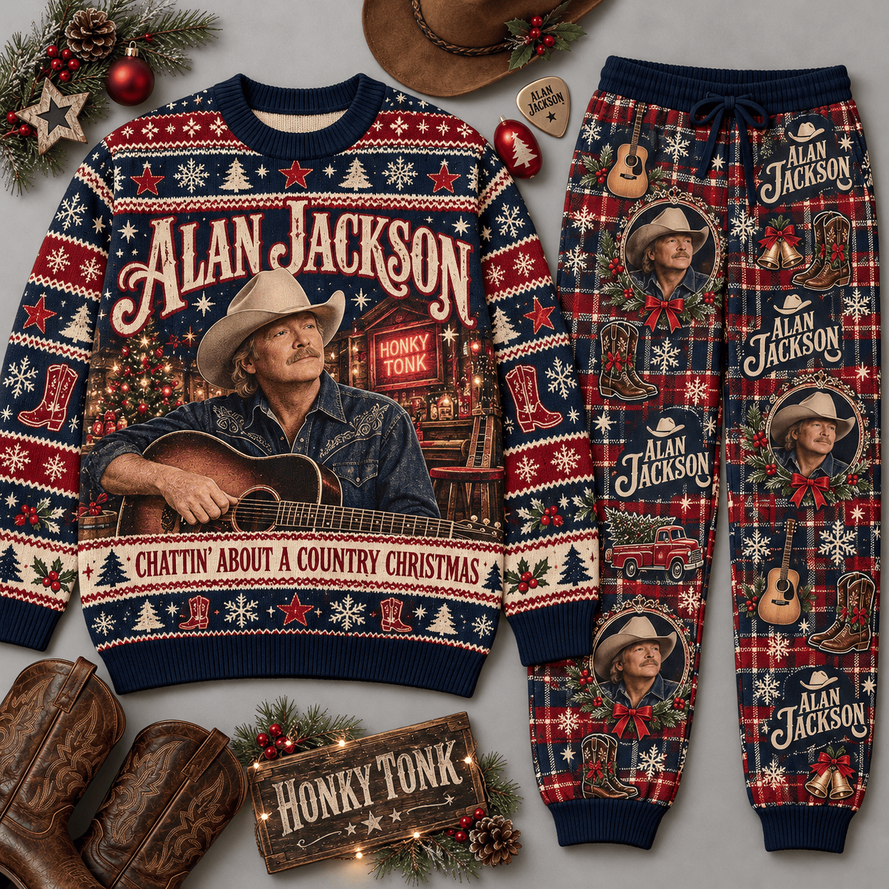 Alan Jackson A Country Artist A Country Christmas Black Sweater and Jogger Pants Set NDN Flat Set Mockup