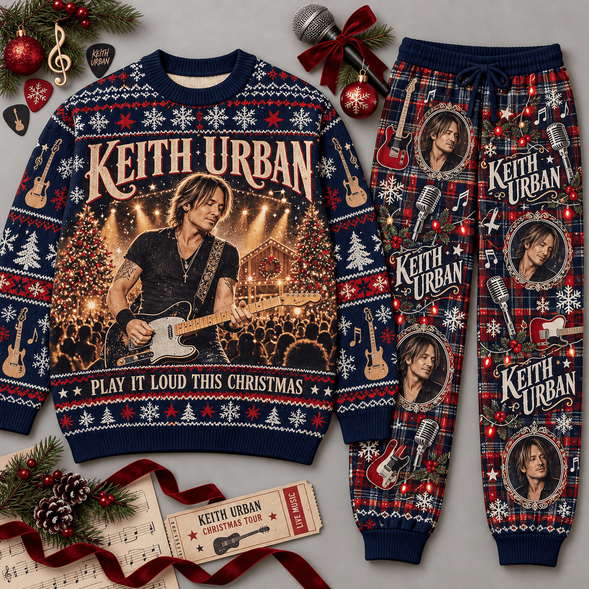 Keith Urban Play It Loud This Christmas Portrait Navy Sweater and Jogger Pants Set NDN Flat Set Mockup