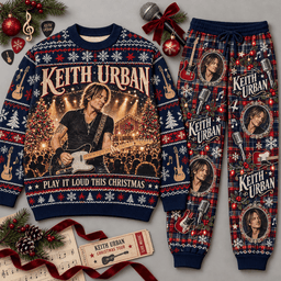 Keith Urban Play It Loud This Christmas Portrait Navy Sweater and Jogger Pants Set NDN Flat Set Mockup