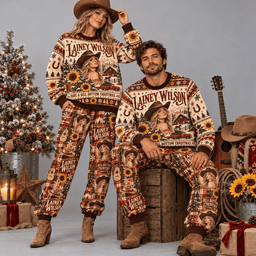 Lainey Wilson Ring A Bell Bottom Christmas Brown Sweater and Jogger Pants Set NDN Worn Set Mockup