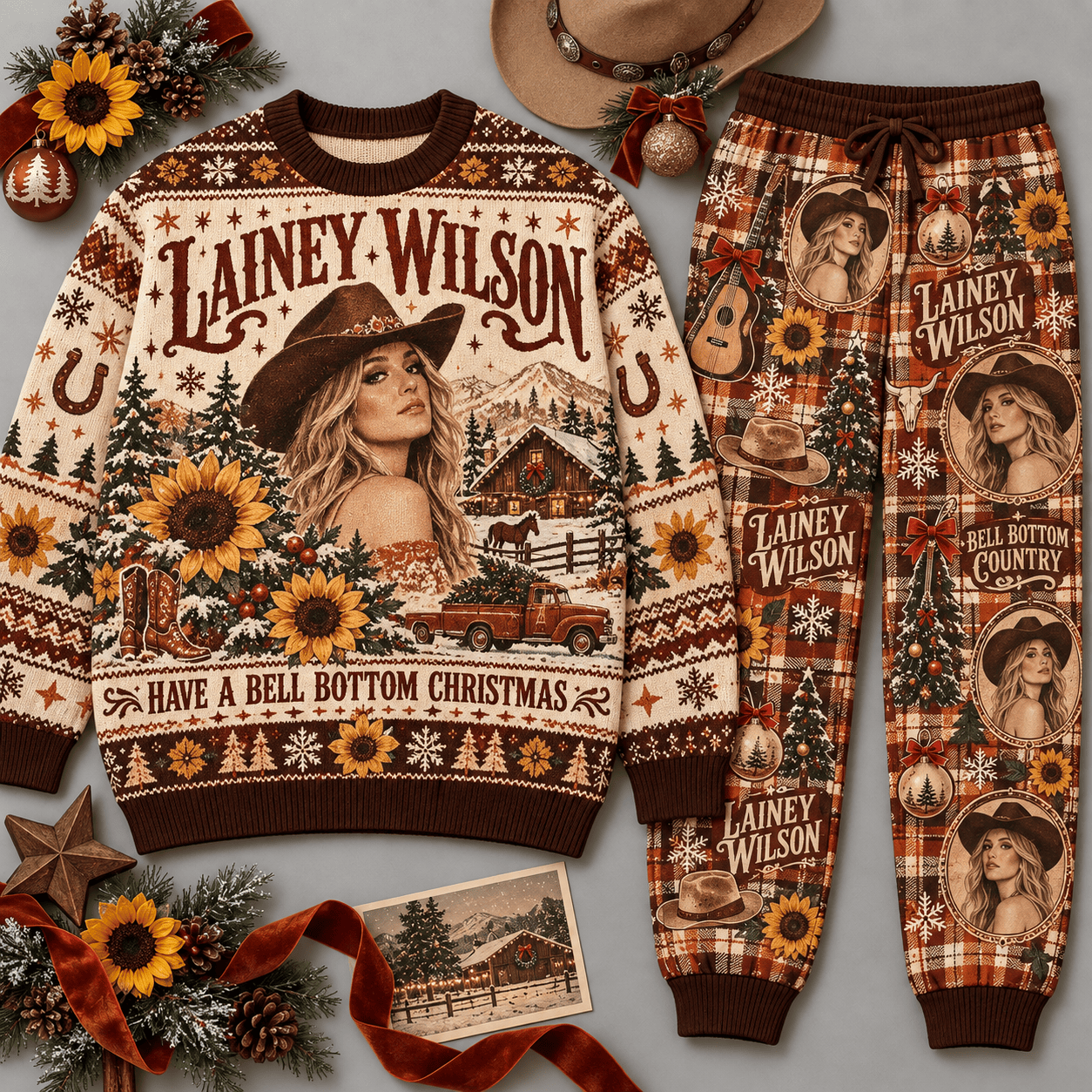 Lainey Wilson Ring A Bell Bottom Christmas Brown Sweater and Jogger Pants Set NDN Flat Set Mockup