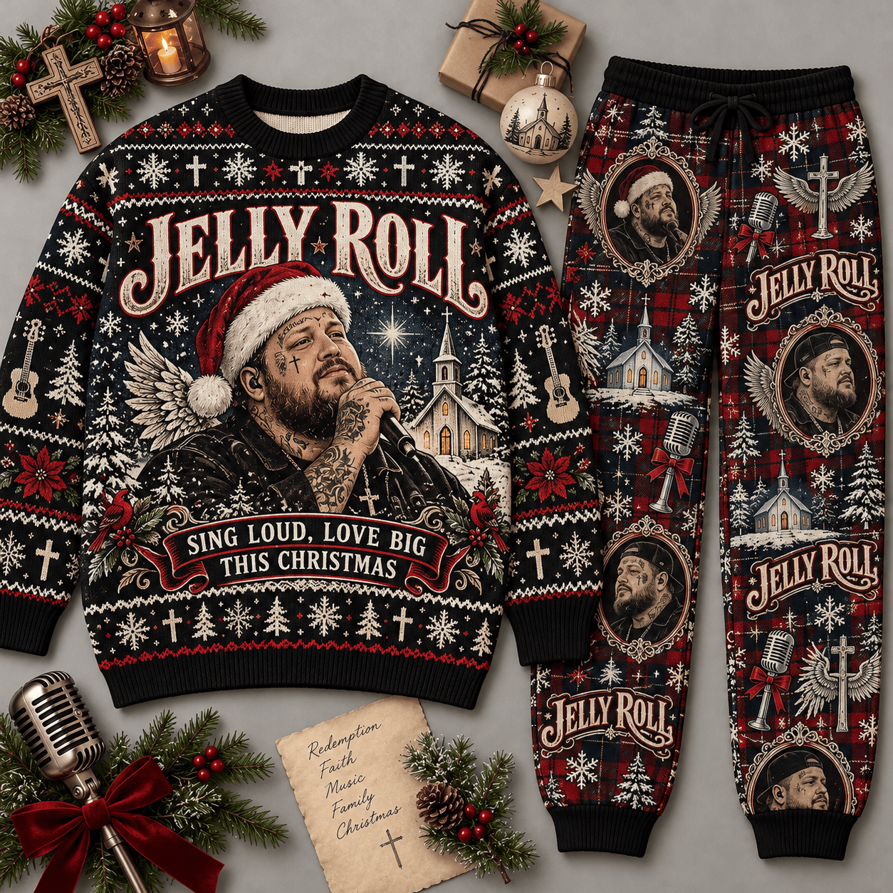 Jelly Roll Sing Loud Love Big This Christmas Black Sweater and Jogger Pants Set NDN Flat Set Mockup