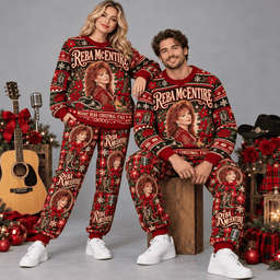 Reba McEntire Merry Reba Christmas Y'all Portrait Red Sweater and Jogger Pants Set NDN Worn Set Mockup