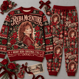 Reba McEntire Merry Reba Christmas Y'all Portrait Red Sweater and Jogger Pants Set NDN Flat Set Mockup