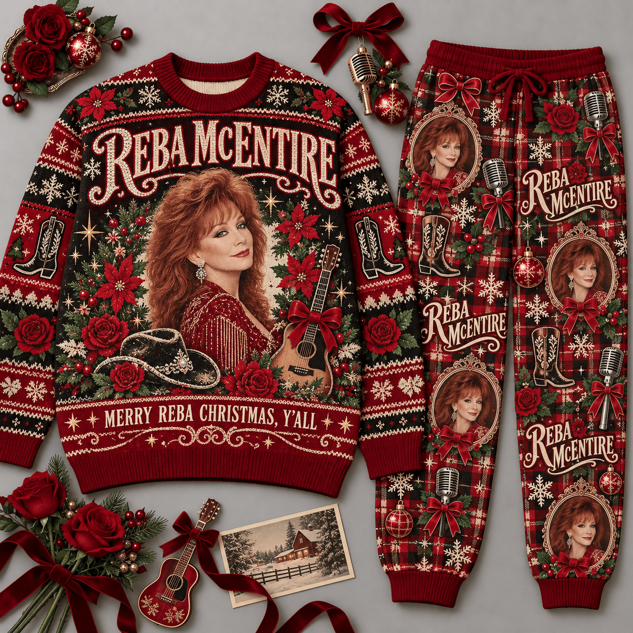 Reba McEntire Merry Reba Christmas Y'all Portrait Red Sweater and Jogger Pants Set NDN Flat Set Mockup