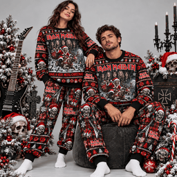 Iron Maiden Hail A Merry Metal Christmas Graphic Black Sweater and Jogger Pants Set NDN Worn Set Mockup