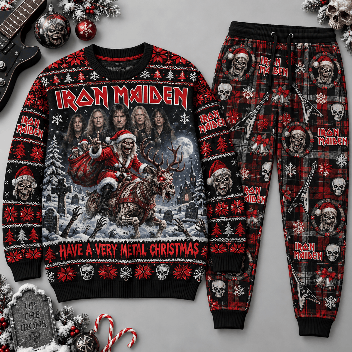 Iron Maiden Hail A Merry Metal Christmas Graphic Black Sweater and Jogger Pants Set NDN Flat Set Mockup