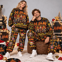 Def Leppard Pour Some Christmas Cheer Holiday Black Sweater and Jogger Pants Set NDN Worn Set Mockup
