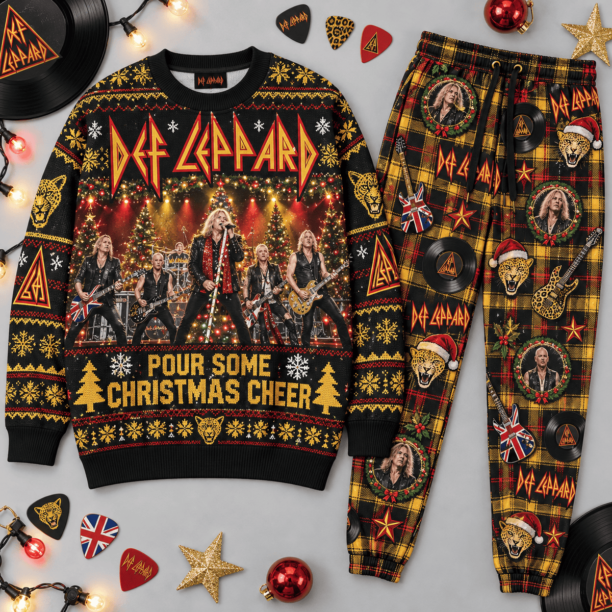 Def Leppard Pour Some Christmas Cheer Holiday Black Sweater and Jogger Pants Set NDN Flat Set Mockup
