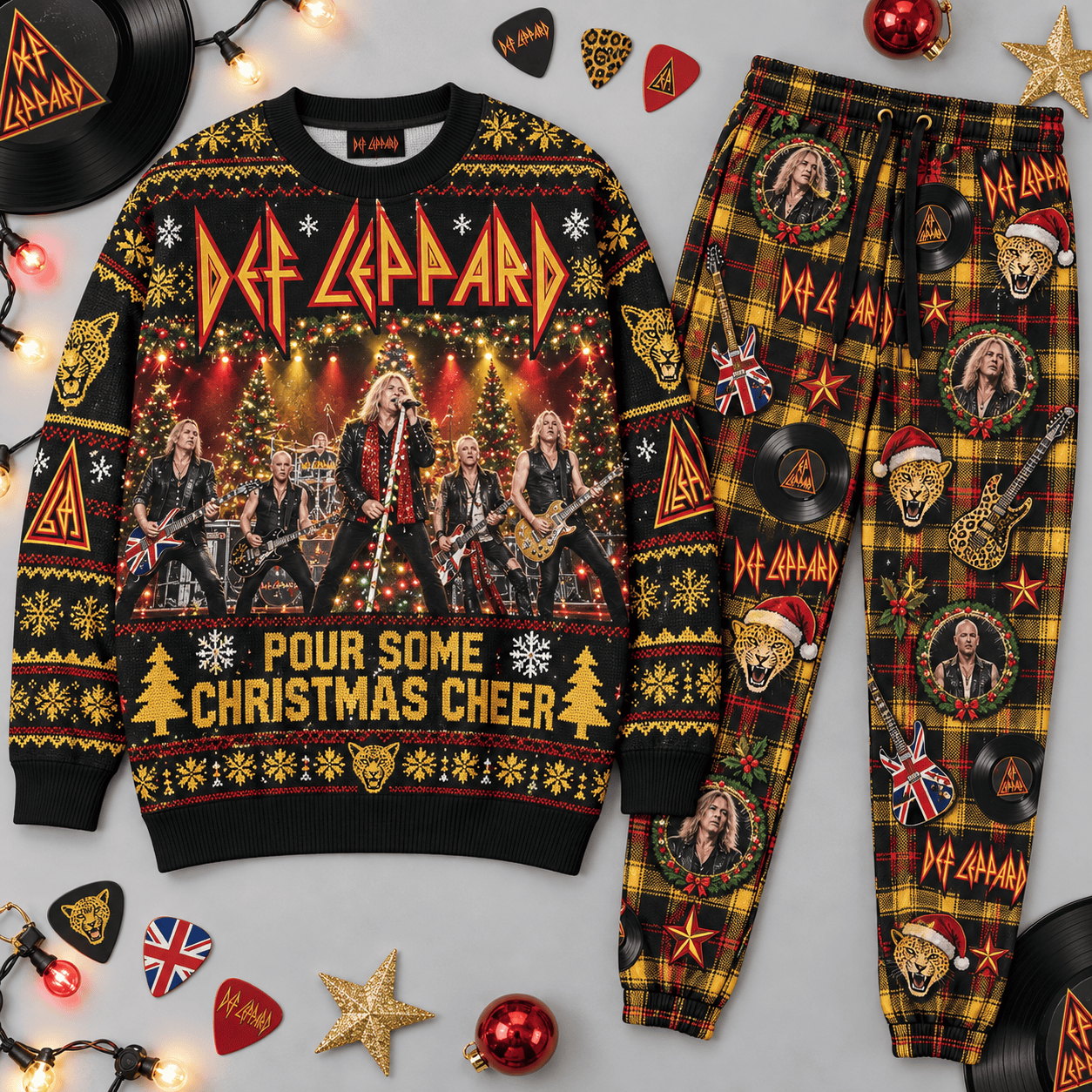 Def Leppard Pour Some Christmas Cheer Holiday Black Sweater and Jogger Pants Set NDN Flat Set Mockup
